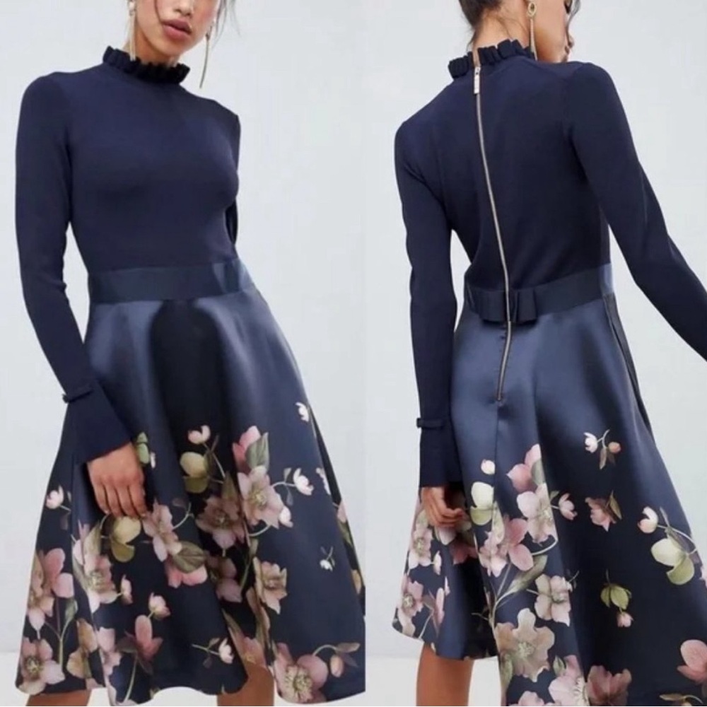 Ted Baker Seema Arboretum Knitted Bodice Floral Dress Navy Sz 4